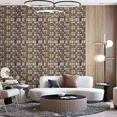 Mosaic tile wall behind furniture and lights