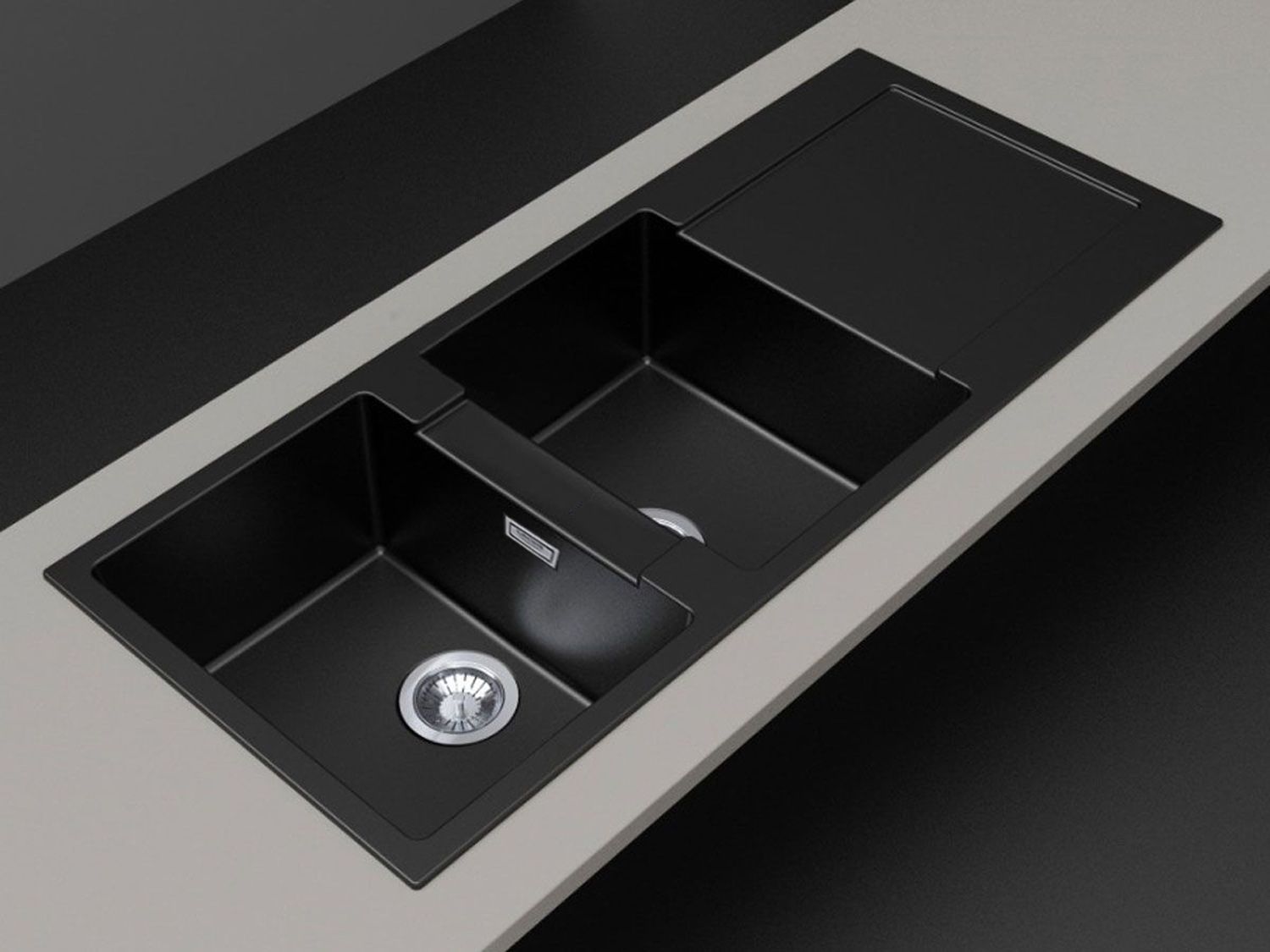 Stirling Magma Quartz Double Bowl Kitchen Sink Satin Black 1160x500 Mm Includes Plumbing