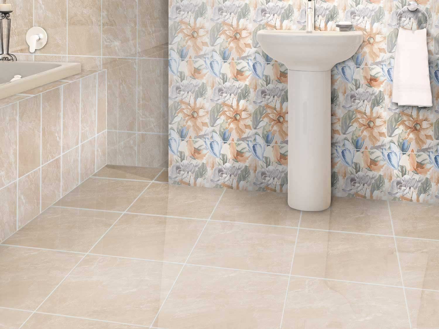 Flores Beige Shiny Ceramic Floor Tile, Square Floor Tiles For Bathroom