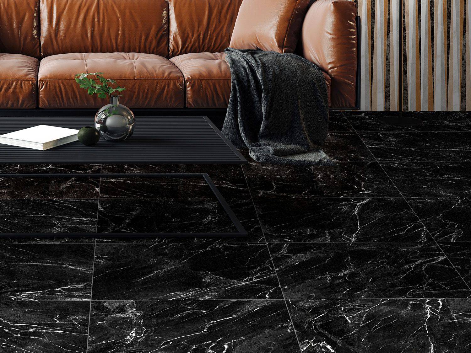 Xora Black Shiny Ceramic Floor Tile, Black Floor Tiles