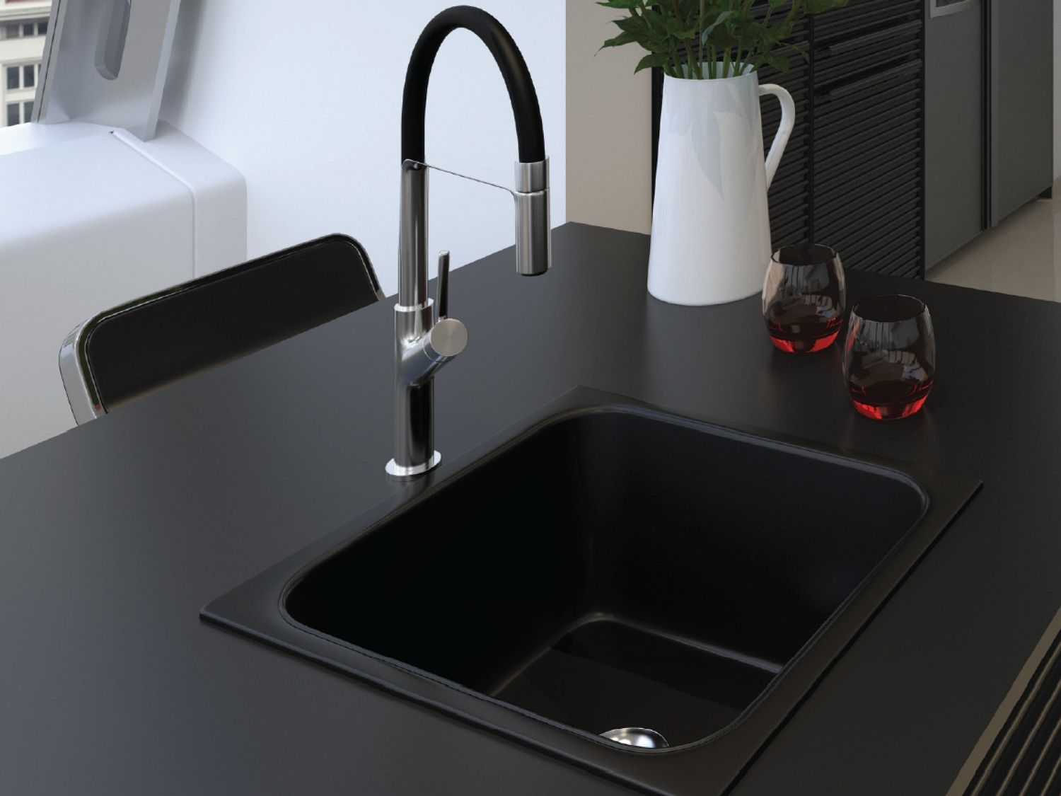 Stirling Lava Prep Bowl Kitchen Sink Satin Black 457 X 406mm Includes  Plumbing Kit