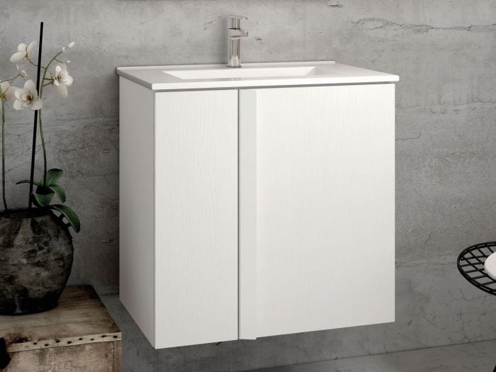 Calig White Cabinet With White Handle & Basin - 600mm