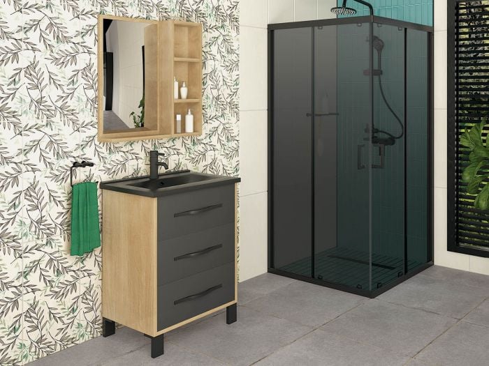 Lily Black Oak Floor Standing Cabinet, Mirror Cabinet & Black Basin - 600 x 840 x 450mm