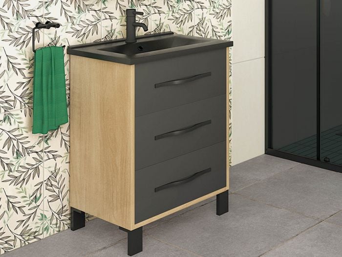Lily Black Oak Floor Standing Cabinet & Black Basin - 600 x 840 x 450mm