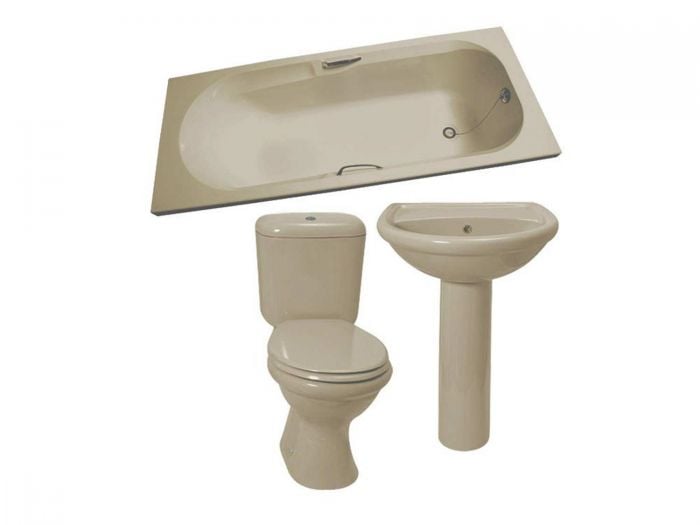 Coral Almond Bathroom Set - Bath, Basin, Pedestal & Dual Top Flush Toilet Suite