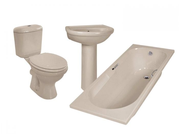 Coral Almond Bathroom Set - Bath, Basin, Pedestal & Dual Top Flush Toilet Suite
