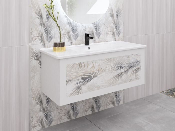 Manises Matt White Tile In Wall Hung Cabinet & Ceramic White Basin- 895 x 462 x 364mm