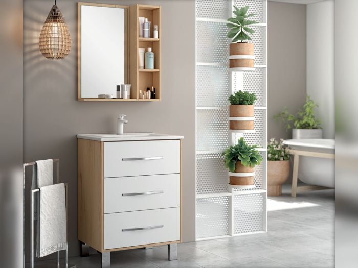 Lily White Oak Floor Standing Cabinet, Mirror Cabinet & White Basin - 600mm