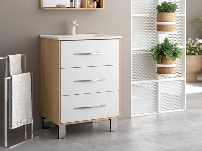 Lily White Oak Floor Standing Cabinet & White Basin - 600mm