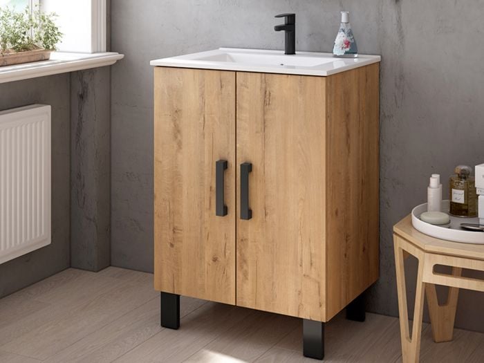 Vienna Honey Oak Floor Standing Cabinet & White Basin - 600mm