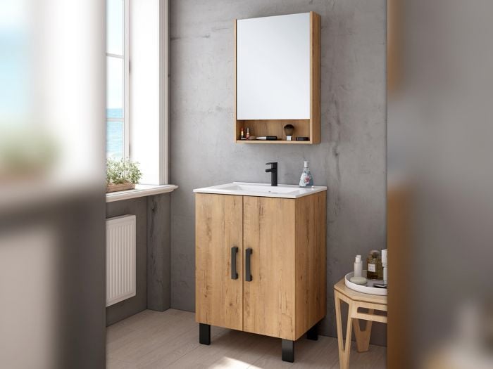 Vienna Honey Oak Floor Standing Cabinet, Mirror Cabinet & White Basin - 600mm